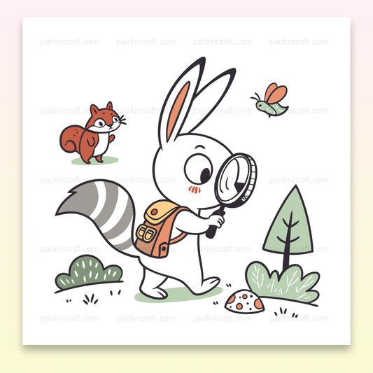 Illustration numérique de lapin explorateur curieux en forêt, idéale pour projets créatifs et éducatifs