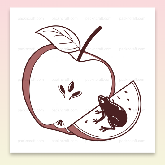 Illustration d'une grenouille curieuse sur une pomme croquée, style doodle.