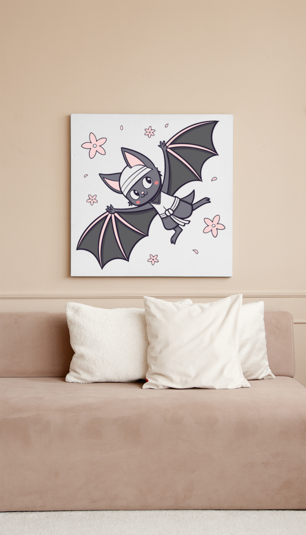 Cadre avec chauve-souris en kimono style kawaii floral