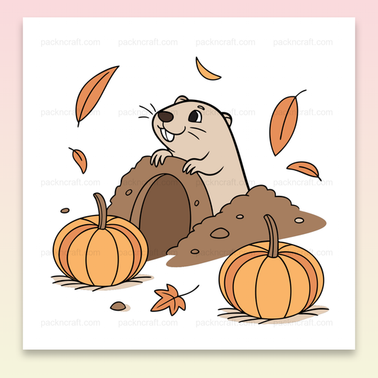 Illustration d'une marmotte curieuse entourée de citrouilles et feuilles d'automne, idéal pour des projets créatifs.