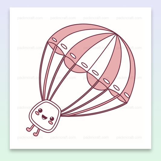 Mascotte volante joyeuse avec parachute en style minimaliste, usage papeterie et décoration.