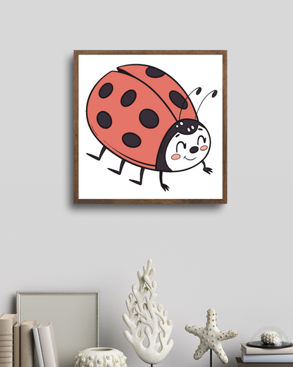 Cadre décoratif avec coccinelle joyeuse en style doodle animation enfantine