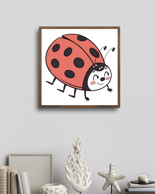 Cadre décoratif avec coccinelle joyeuse en style doodle animation enfantine