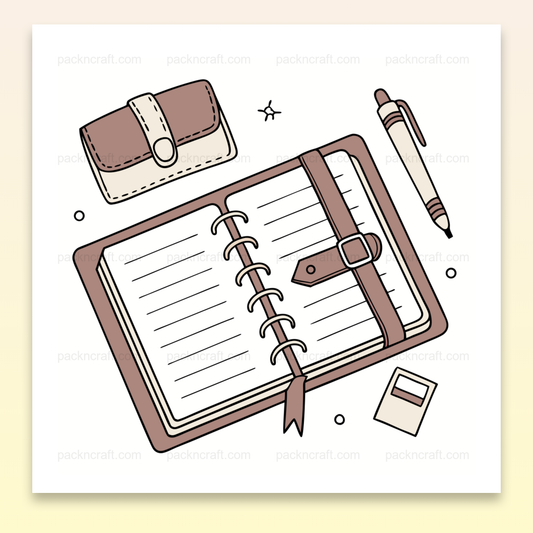 Illustration de carnet ouvert avec trousse et stylo. Utilisation en papeterie et projets DIY.