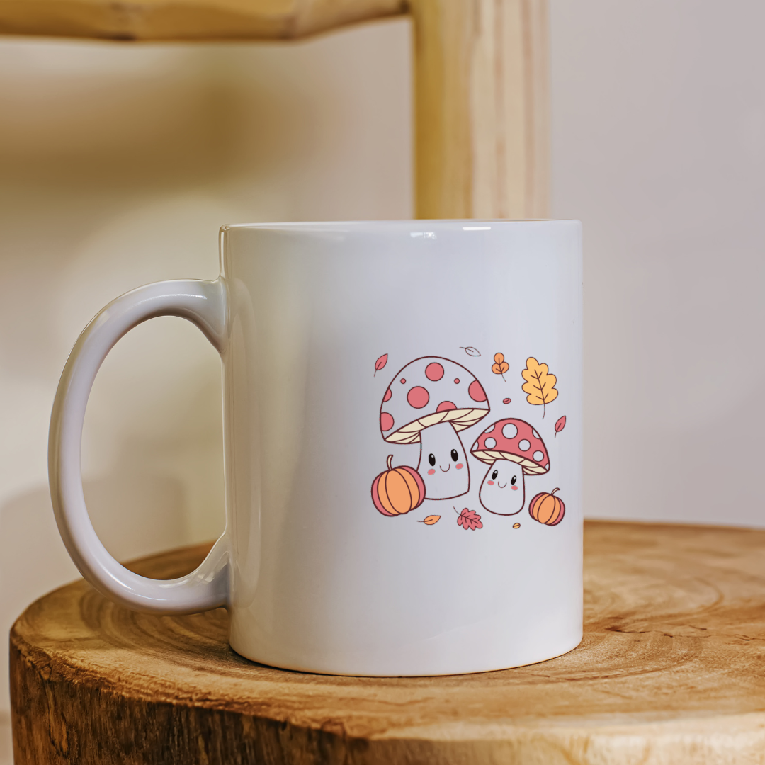 Mug avec champignons kawaii en scène automnale joyeuse décorant le design