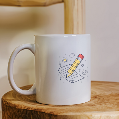 Mug décoré d'un crayon enjoué vibrant avec une touche éducative ludique