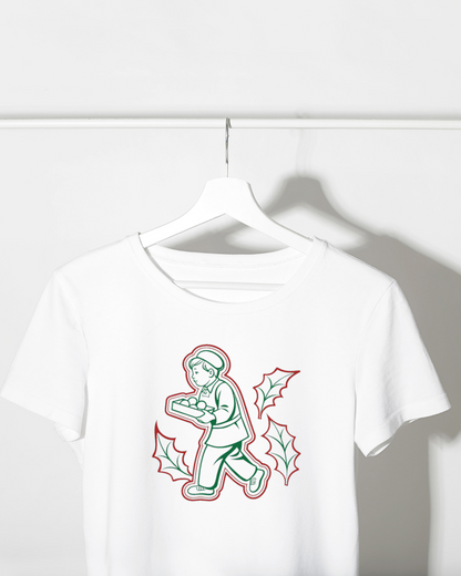 T-shirt au motif vintage, enfant joyeux avec pommes, esprit fêtes de fin d'année