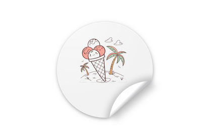 Sticker tropical avec glace souriante sous le soleil, style doodle coloré