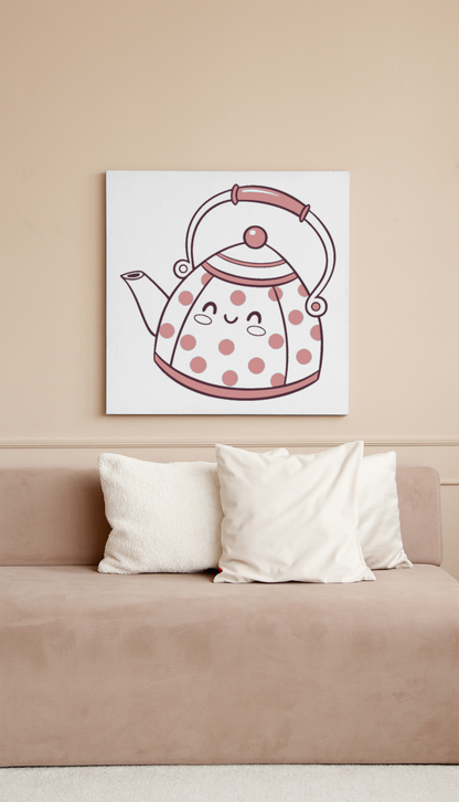 Cadre décoratif représentant une théière kawaii à pois, idéal pour la cuisine