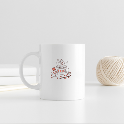 Mug avec motif festif cosy de bonhomme de neige entouré d'un chocolat chaud