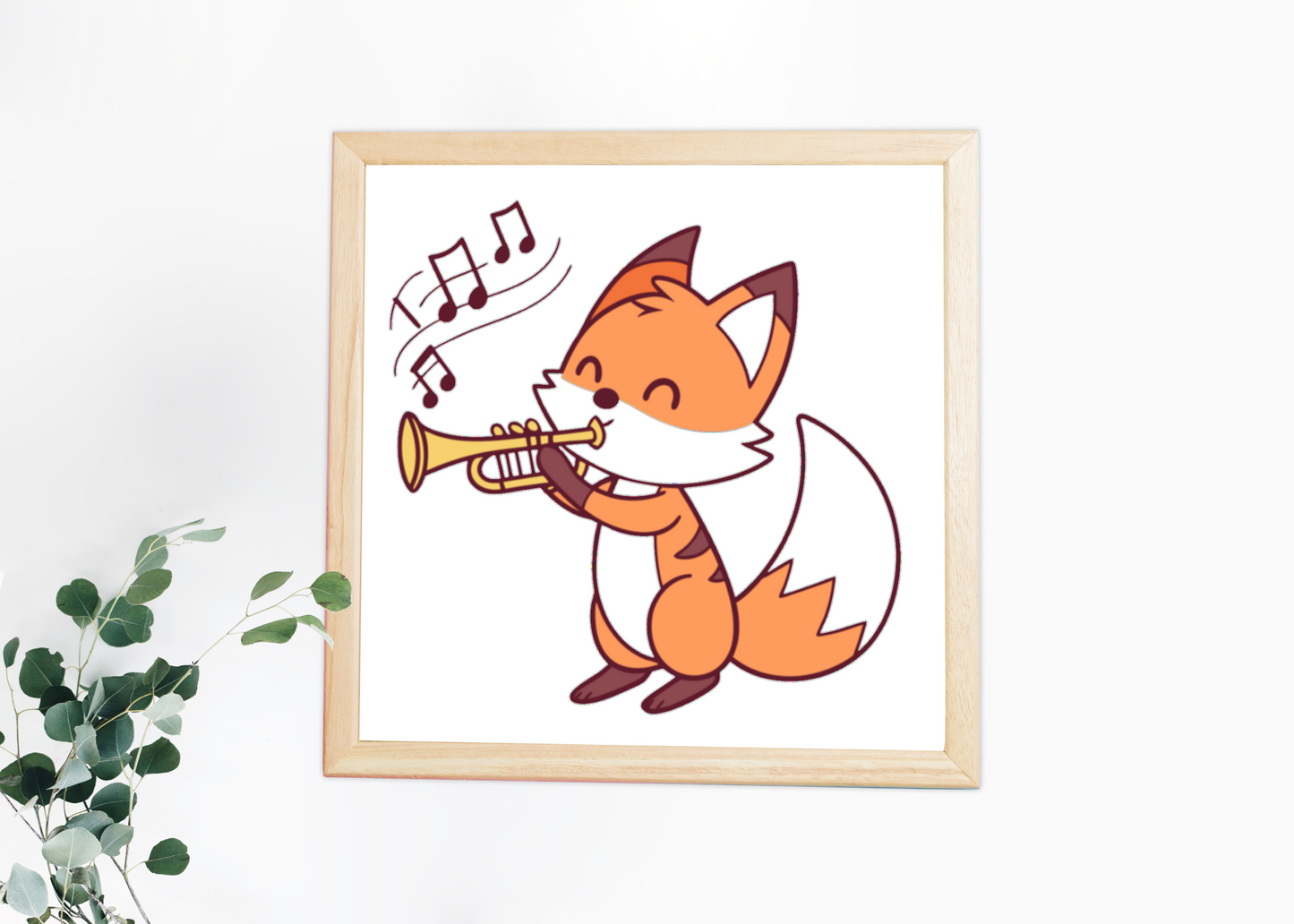 Cadre artistique avec renard amusant jouant de la trompette dans un style charmant