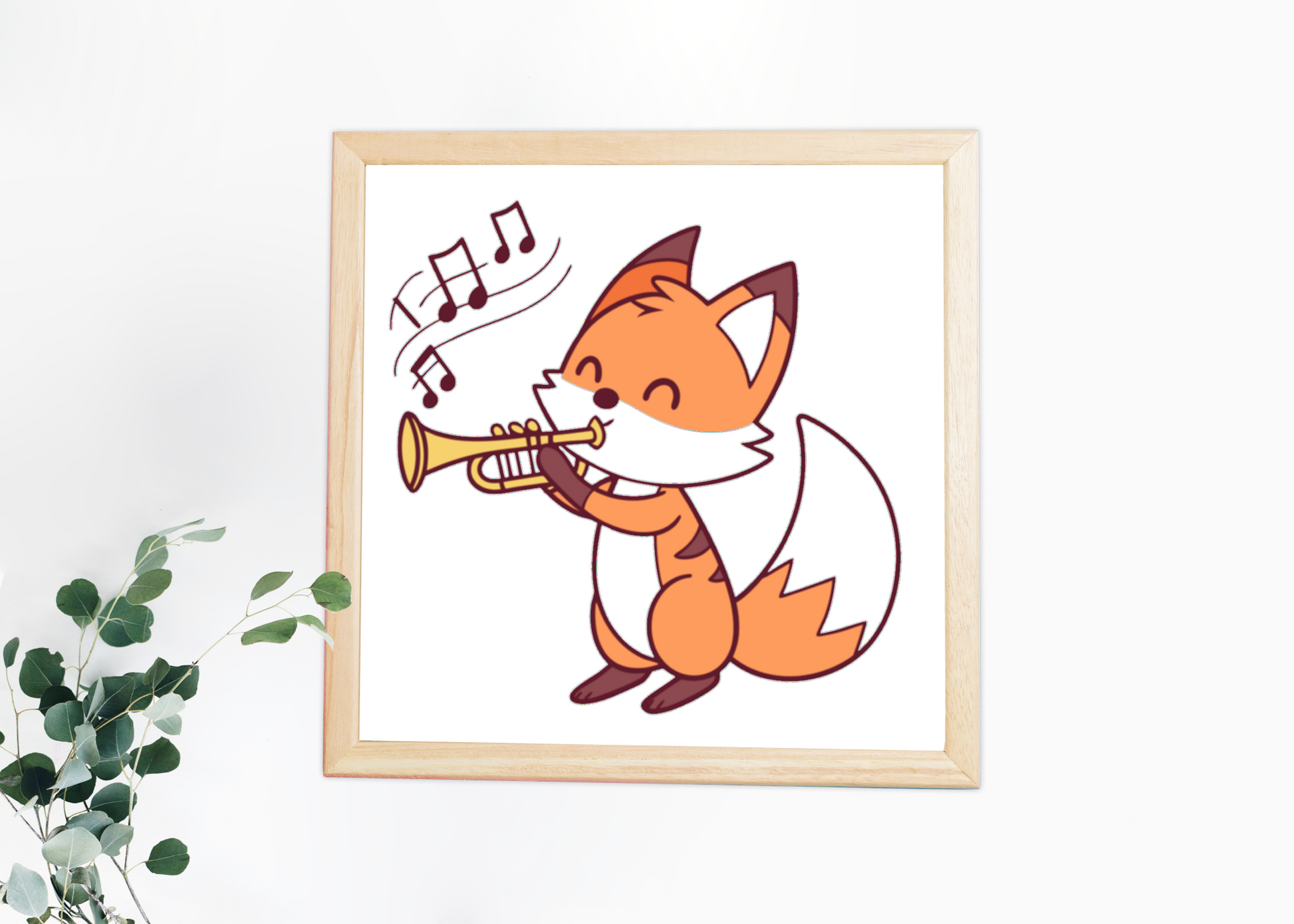 Cadre artistique avec renard amusant jouant de la trompette dans un style charmant