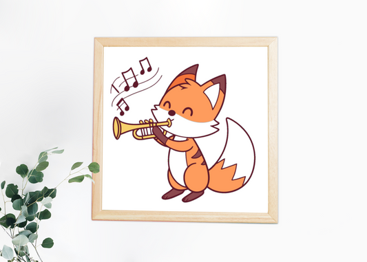 Cadre artistique avec renard amusant jouant de la trompette dans un style charmant
