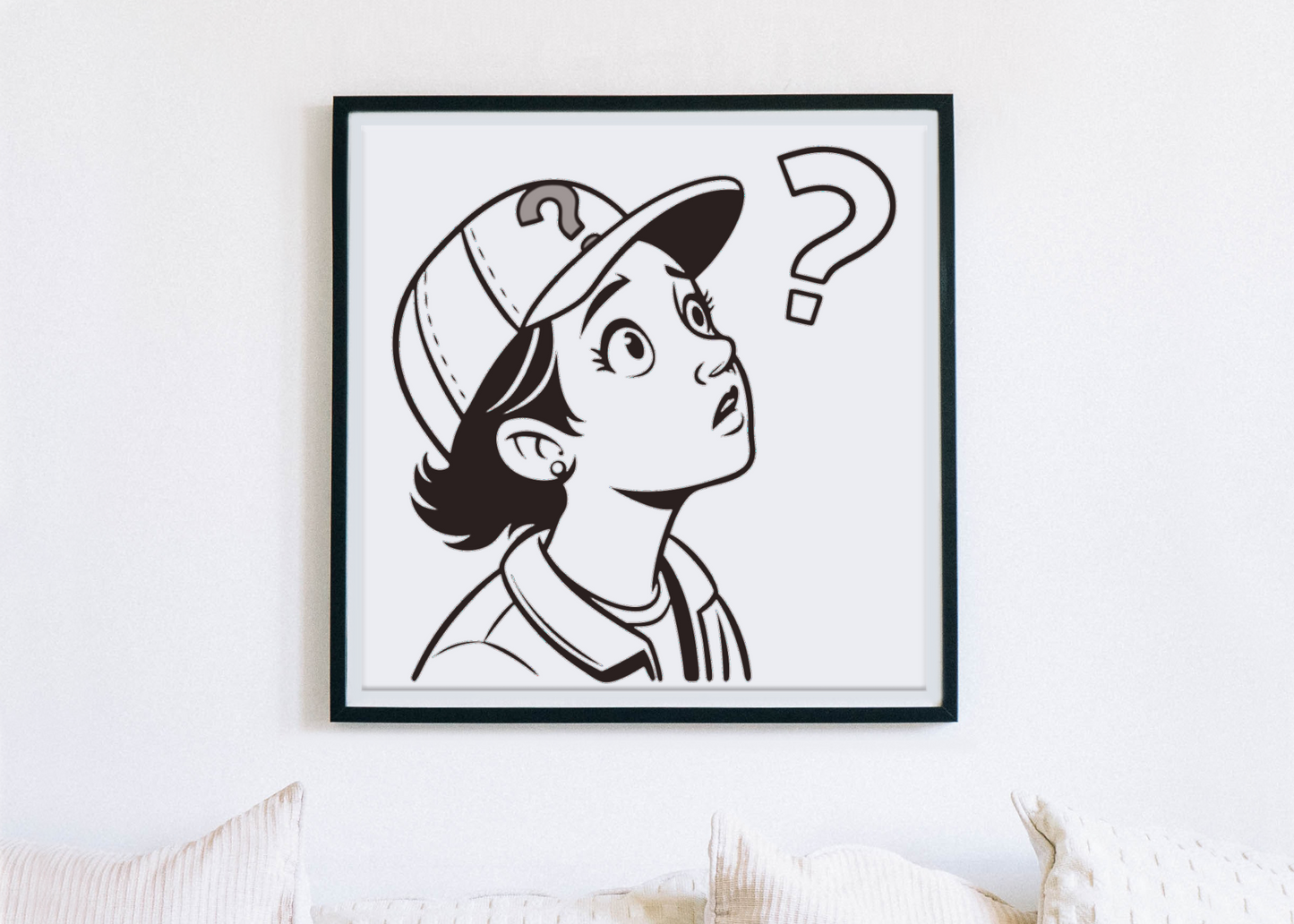 Cadre décoratif avec enfant mystérieux en style doodle et casquette intrigante