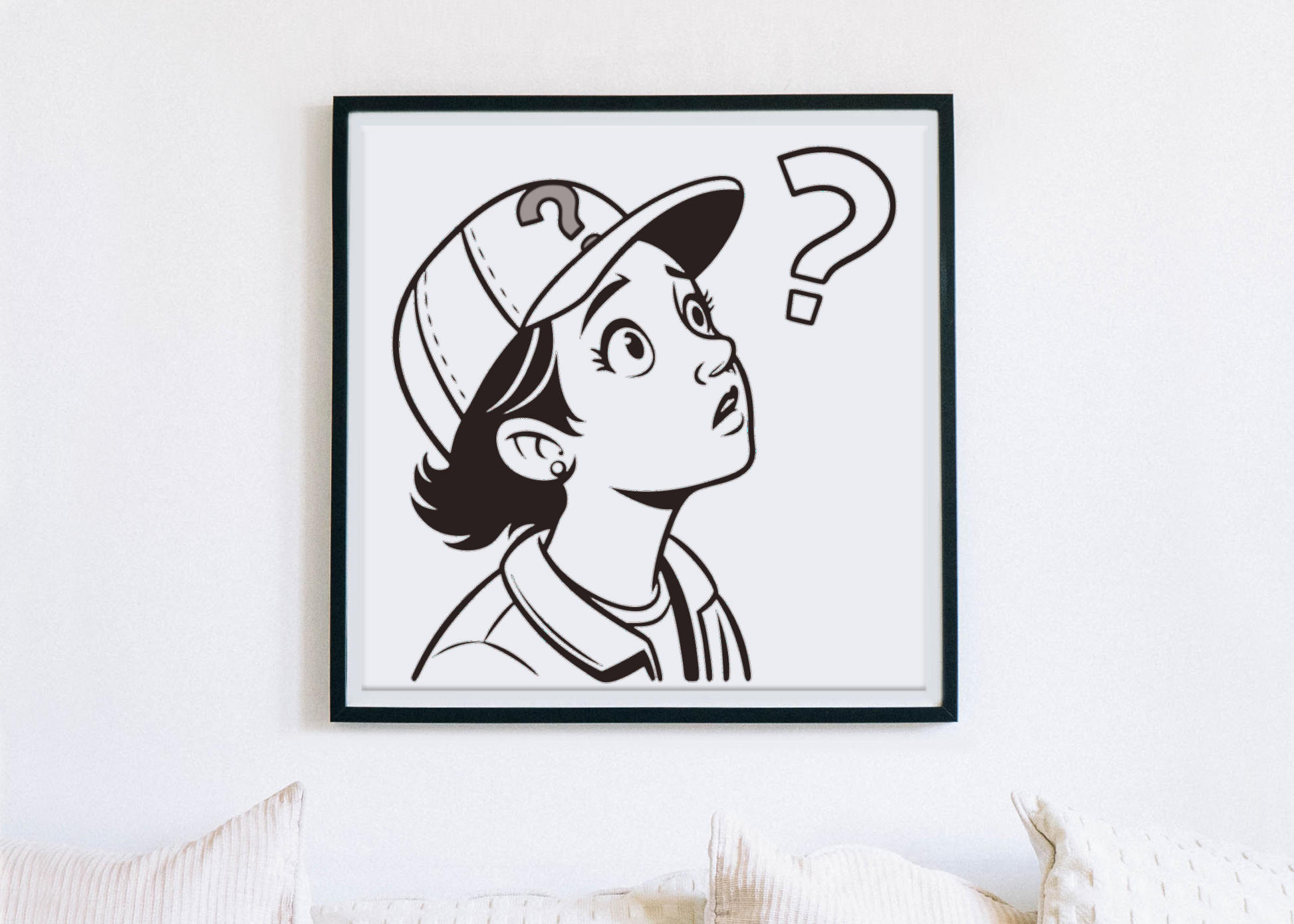 Cadre décoratif avec enfant mystérieux en style doodle et casquette intrigante