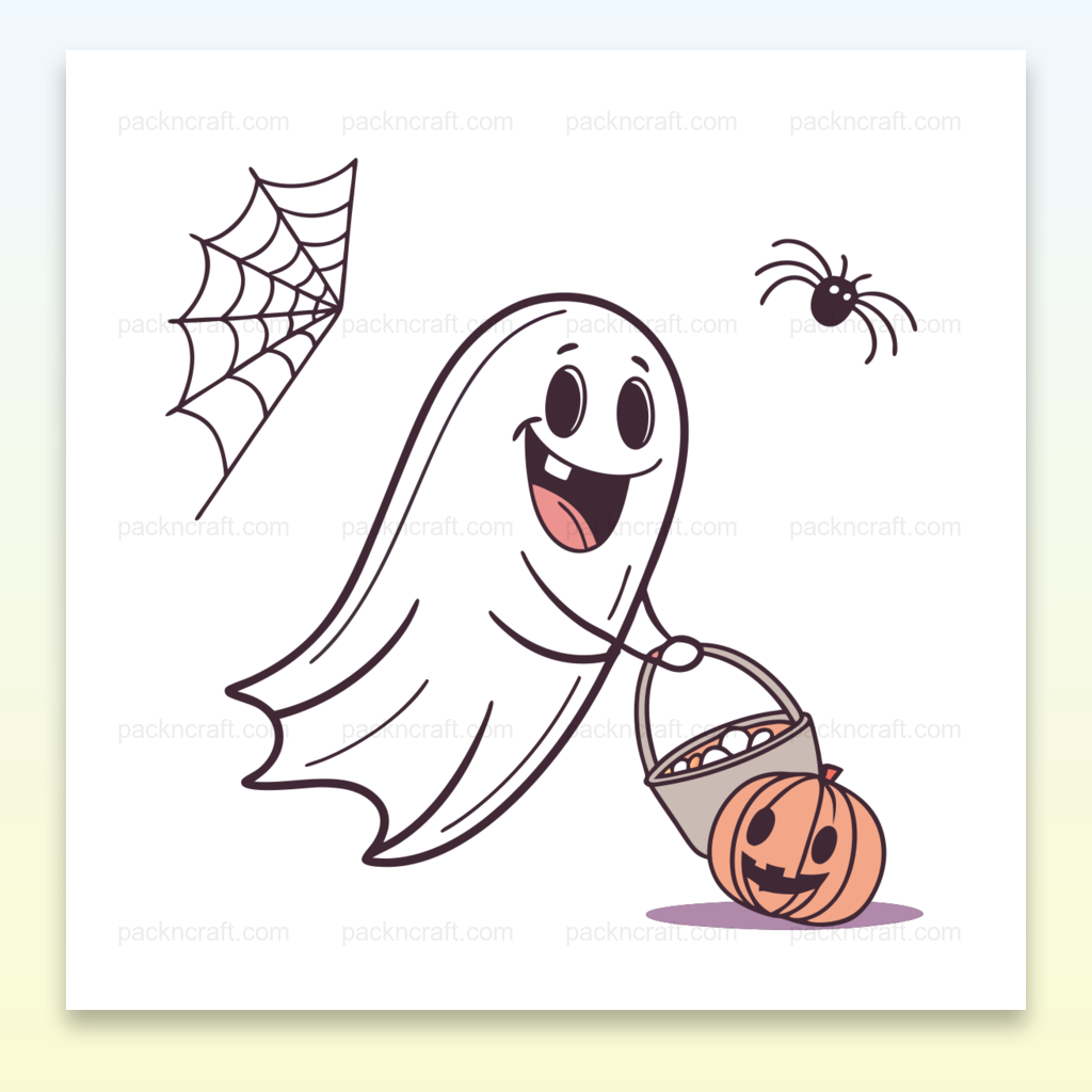 Illustration de fantôme joyeux récoltant des friandises pour Halloween, utilisable en papeterie et décoration DIY.