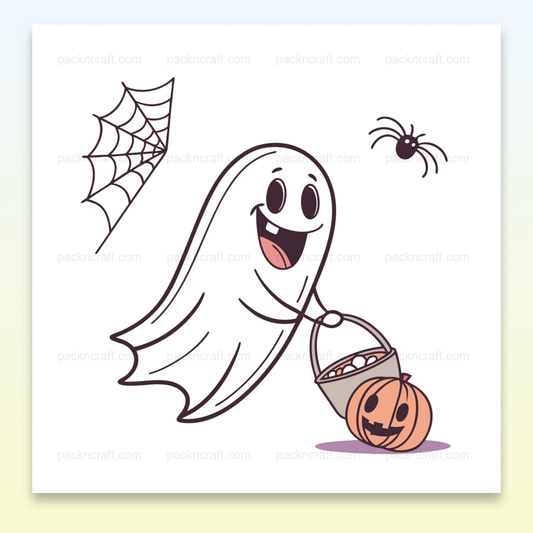 Illustration de fantôme joyeux récoltant des friandises pour Halloween, utilisable en papeterie et décoration DIY.