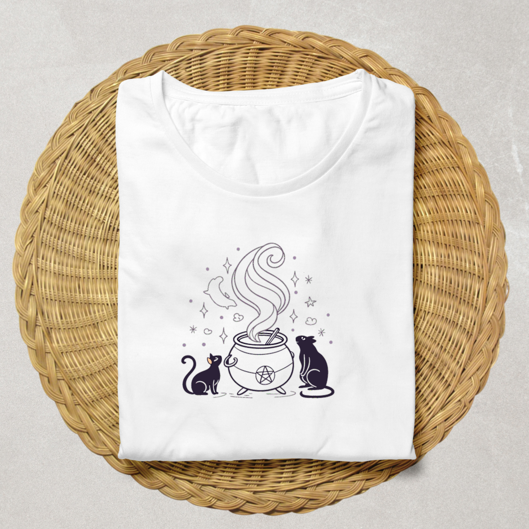 T-shirt sorcellerie avec chats curieux et chaudron magique dans un style enchanté