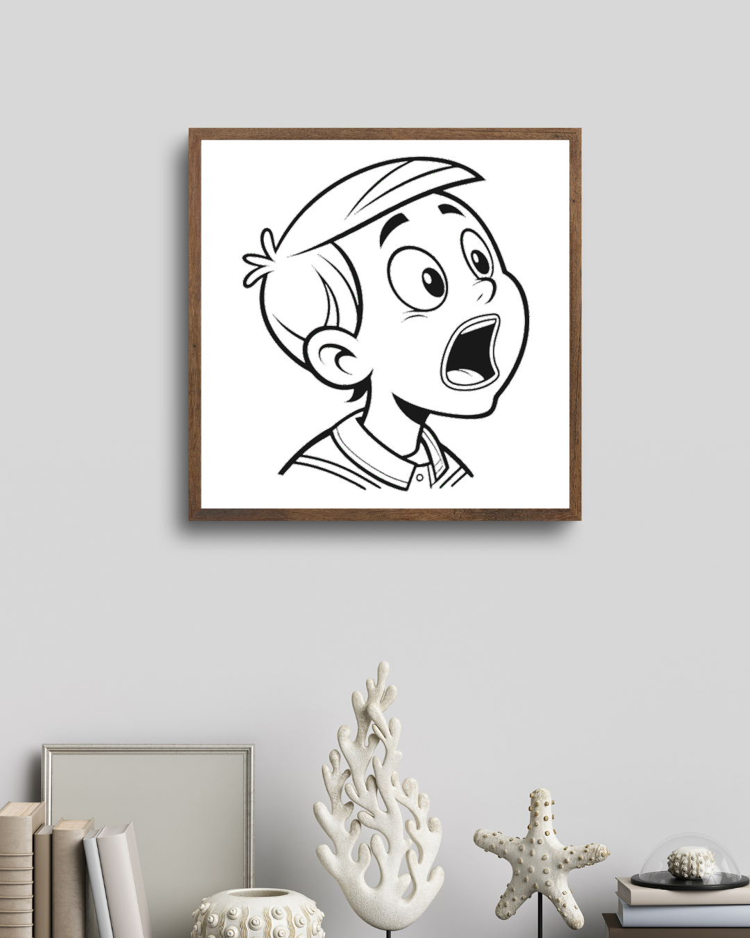 Cadre minimaliste avec garçon étonné au style épuré et expressif