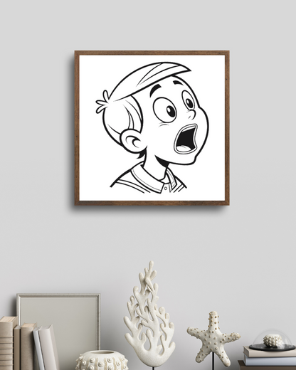Cadre minimaliste avec garçon étonné au style épuré et expressif